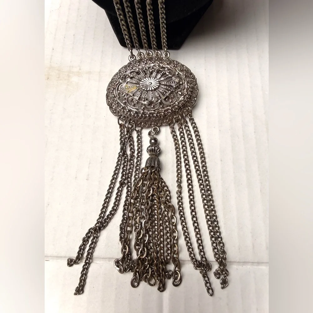 Vintage Tribal Ethnic Filigree Metalwork Fringe Tassel Necklace Silver Tone Boho